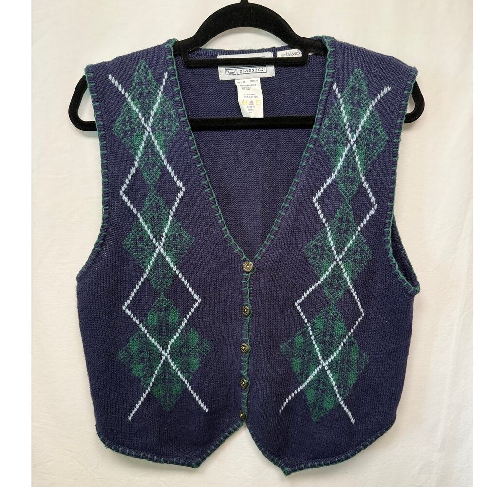 Vintage Jantzen Ramie Cotton Sweater Vest Navy Blue Argyle Large 90's Preppy